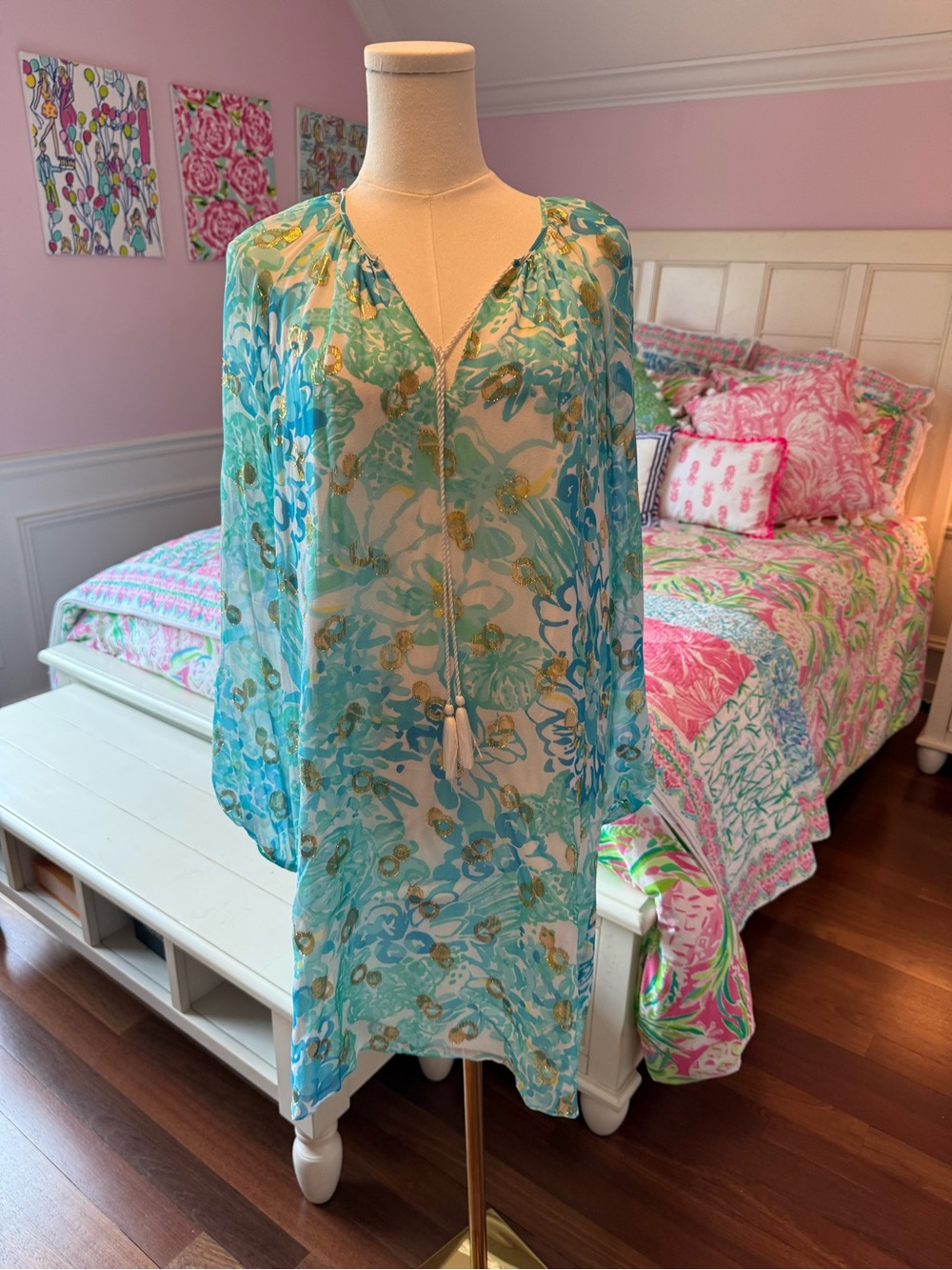 Lilly Pulitzer Turquoise, Gold & Green Floral Silk Dress